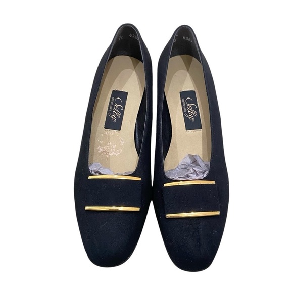 Selby comfort flex black suede 1 inch block heel shoes gold tone toe detail sz 9 - Picture 3 of 9